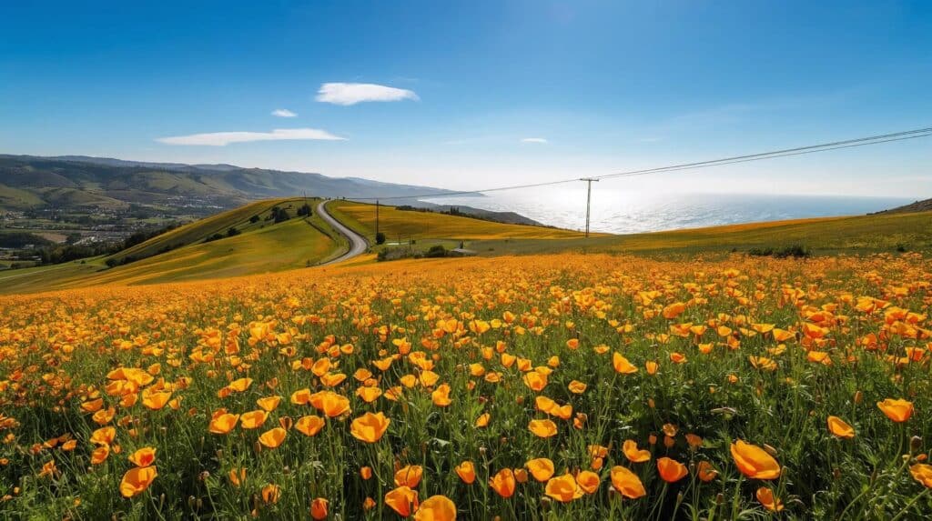 Golden poppies on a field next to hills in California next to road and ocean